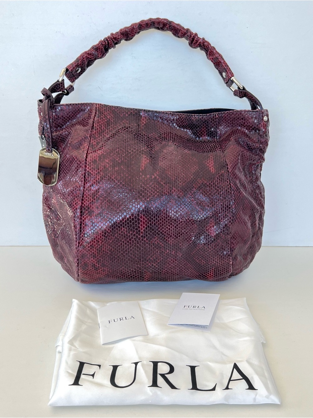 FURLA NWT Burgundy Hobo Shoulder Bag Snake Emboss Leather Gathered Single Handle